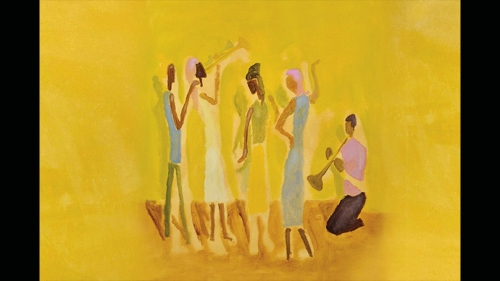 painting with yellow background. Figures dancing and playing music