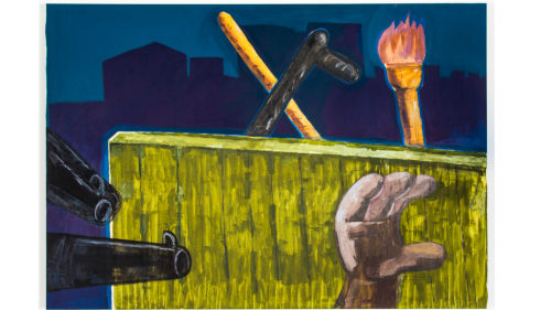 A on the right side of the paining, a black hand with four finers rises in front of a yellow fence. The barrels of two guns points toward the hand from the right side of the painting. Beyond the fence, a torch and two sticks emerge.