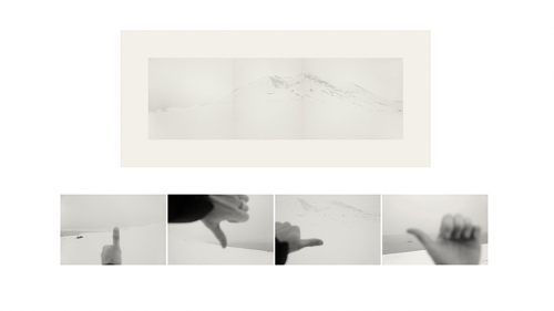 The image has one panel on the top half, showing what looks like a white mountain. Below are four black and white images of thumbs, first pointed up, then down then right, then left in front of a snowy background.