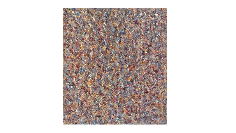 An abstract painting with purples, blues, yellow, white, and occasional white. The image suggests a dense field, almost floral.