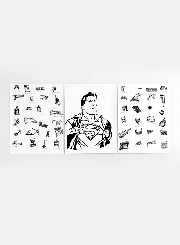 Three panels. Superman drawn in black ink in the middle panel.