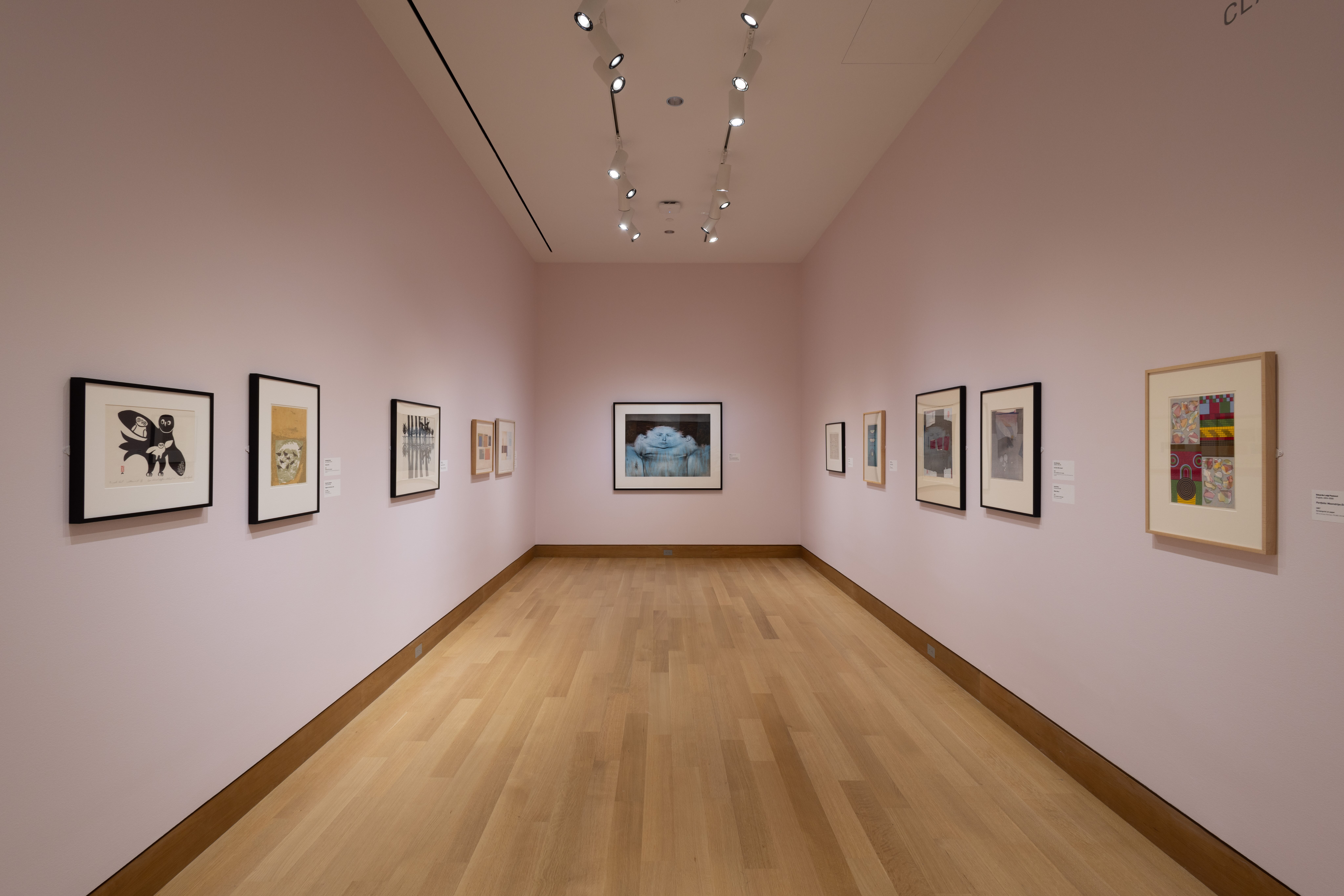 prints displayed on a pink gallery wall